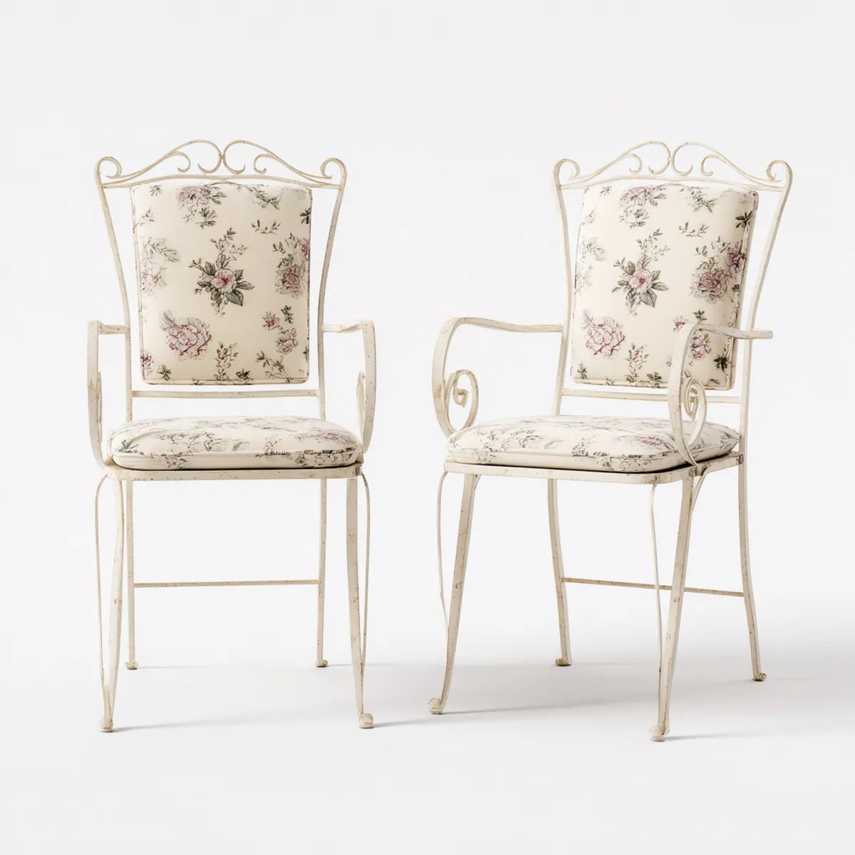 Lot de 2 chaises de salle à manger avec accoudoirs écru à fleurs acier et polyester 54 x 58 x 93 cm