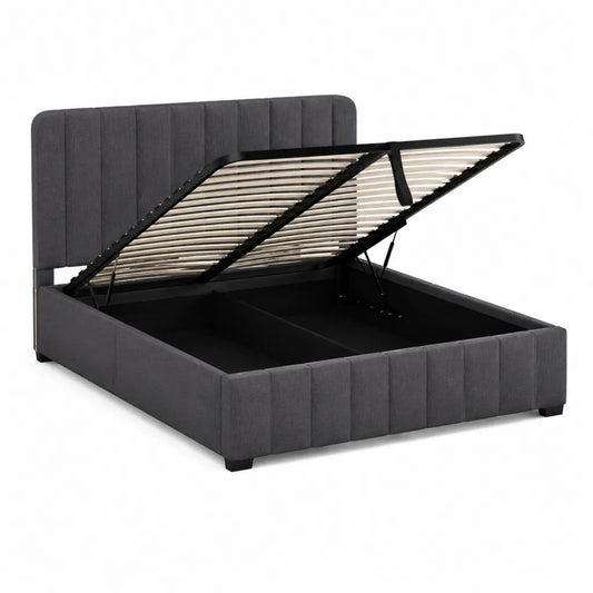 Lit coffre double 160 x 200 cm en polyester gris anthracite avec tête de lit capitonnée