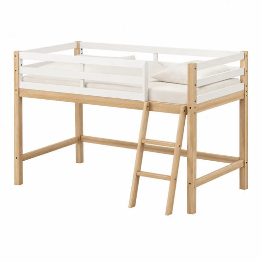 Lit mezzanine enfant 90 x 190 cm en pin massif blanc et naturel avec échelle