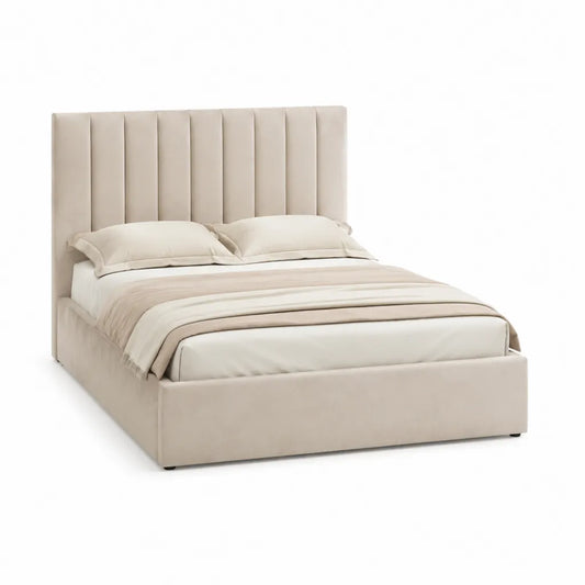 Lit coffre rectangulaire 160 x 200 cm en velours polyester beige avec tête de lit capitonnée