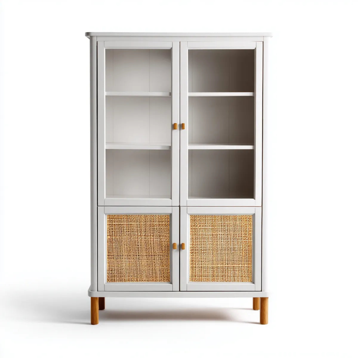 Vaisselier buffet rectangulaire blanc 90 x 40 x 180 cm en MDF verre trempé rotin et bois d'hévéa