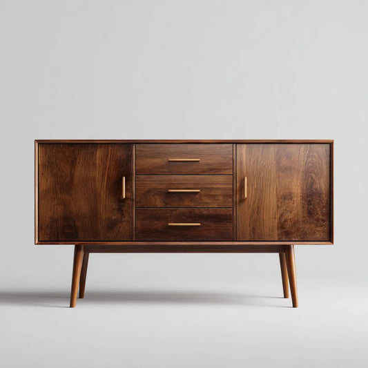 Buffet de salle à manger marron noyer 160 x 40 x 85 cm en MDF plaqué noyer rectangulaire avec 3 tiroirs et 2 portes