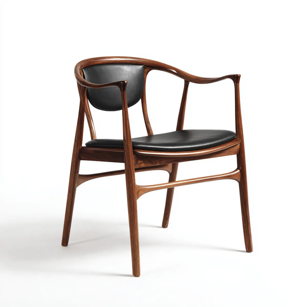 Chaise de salle à manger avec accoudoirs marron et noir 55 x 54 x 76 cm en bois massif d'hévéa et PU forme arrondie