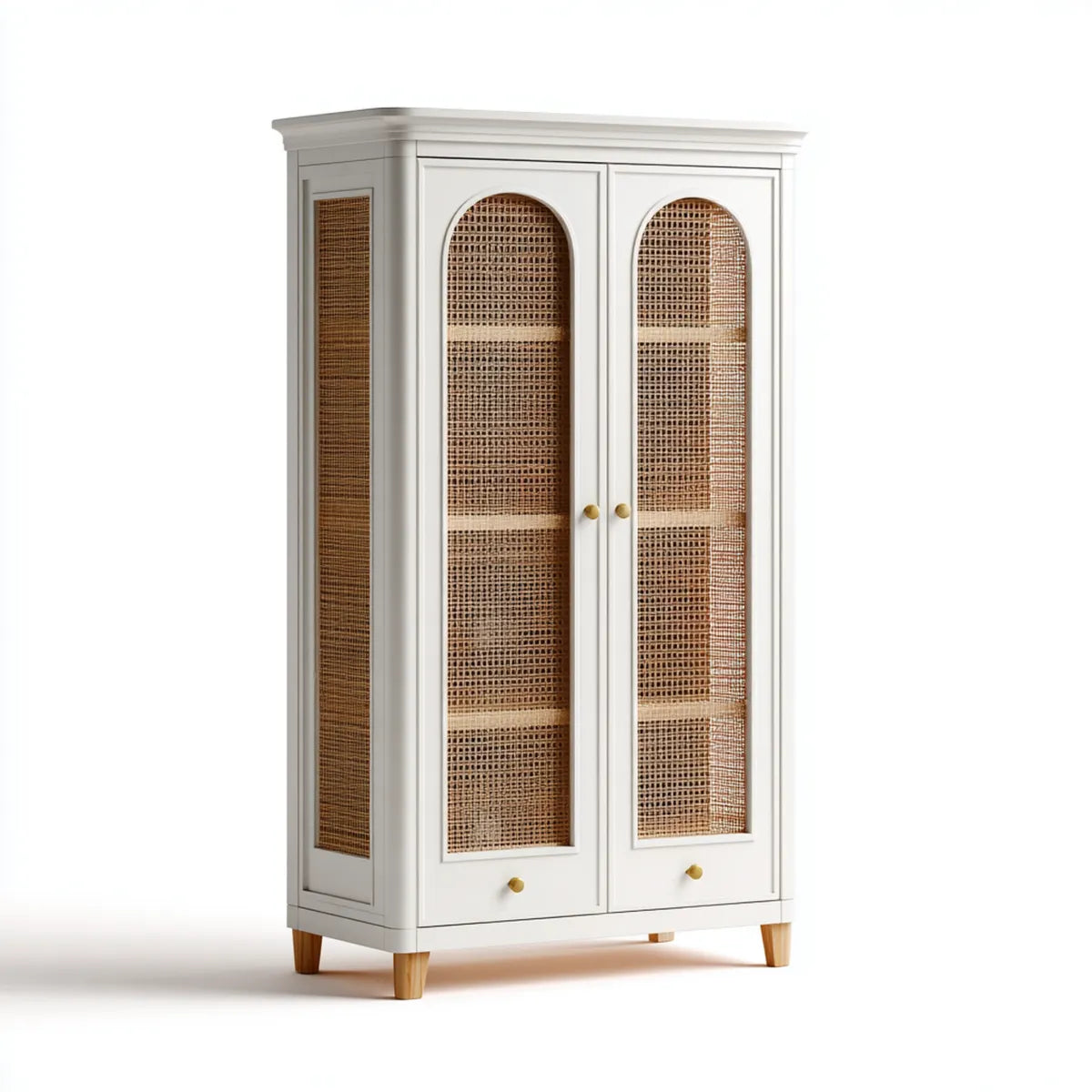 Buffet haut 2 portes blanc naturel 90 x 45 x 180 cm MDF cannage de rotin rectangulaire