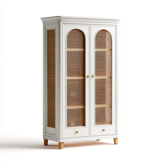 Buffet haut 2 portes blanc naturel 90 x 45 x 180 cm MDF cannage de rotin rectangulaire