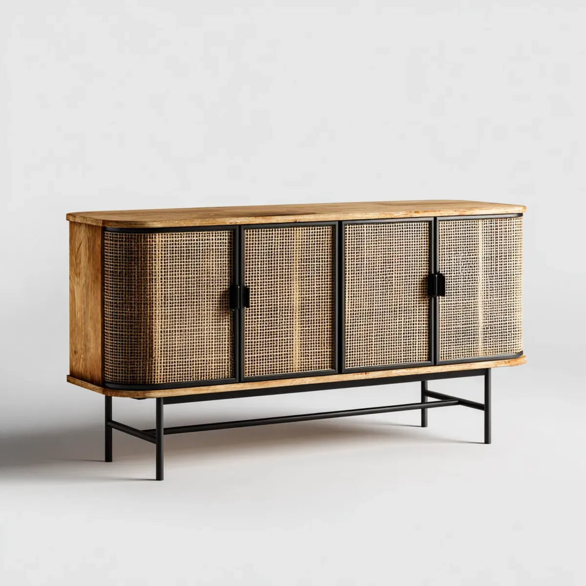 Buffet 4 portes en bois massif de manguier et rotin naturel brun noir 160 x 40 x 85 cm rectangulaire