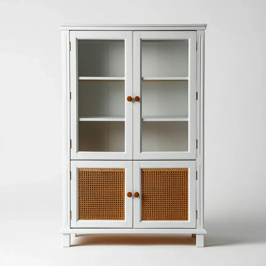 Vitrine buffet blanche 90 x 40 x 160 cm en MDF verre et rotin rectangulaire à 4 portes