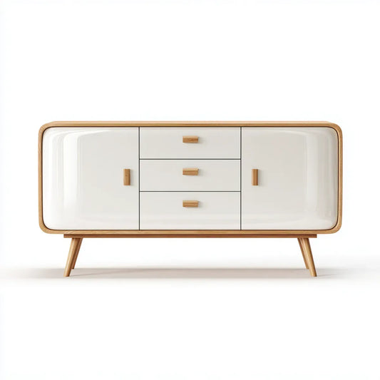 Buffet de salle à manger blanc et naturel 160 x 40 x 85 cm en MDF et hévéa rectangulaire