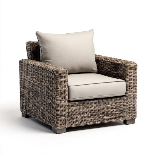 Fauteuil de salon beige en rotin naturel avec coussins 82 x 78 x 82 cm