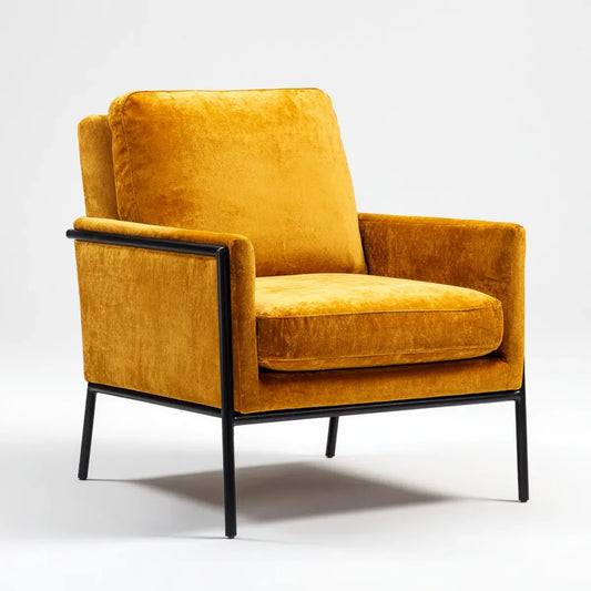 Fauteuil de salon jaune moutarde en velours polyester avec structure acier noir rectangulaire 75 x 82 x 84 cm