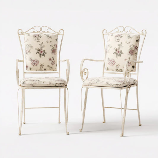 Lot de 2 chaises de salle à manger avec accoudoirs écru à fleurs acier et polyester 54 x 58 x 93 cm
