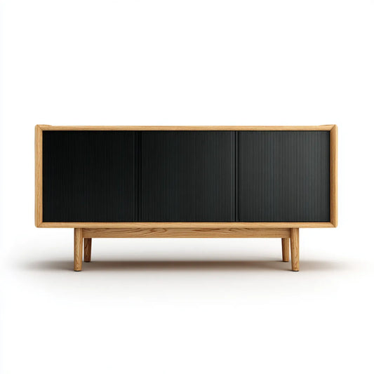 Buffet 4 portes noir et chêne 160 x 40 x 80 cm en MDF plaqué chêne rectangulaire