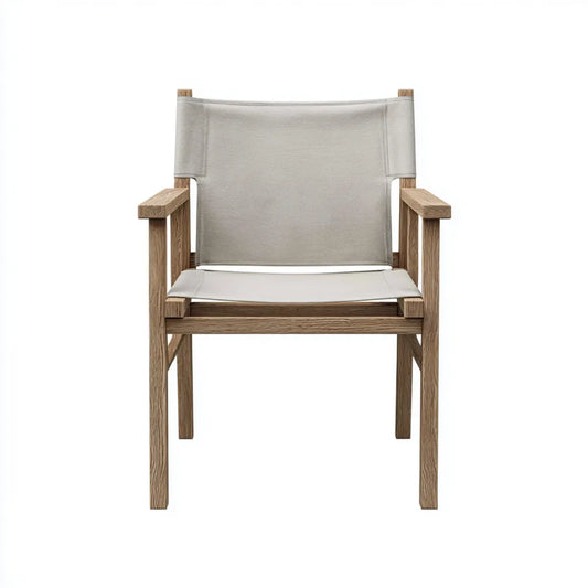 Fauteuil de salle à manger beige 60 x 58 x 82 cm en chêne massif et toile polyester à dossier rectangulaire