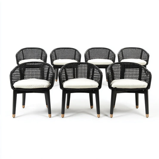 Lot de 6 chaises de salle à manger noir et blanc en rotin PE avec coussins 56 x 60 x 78 cm à dossier arrondi