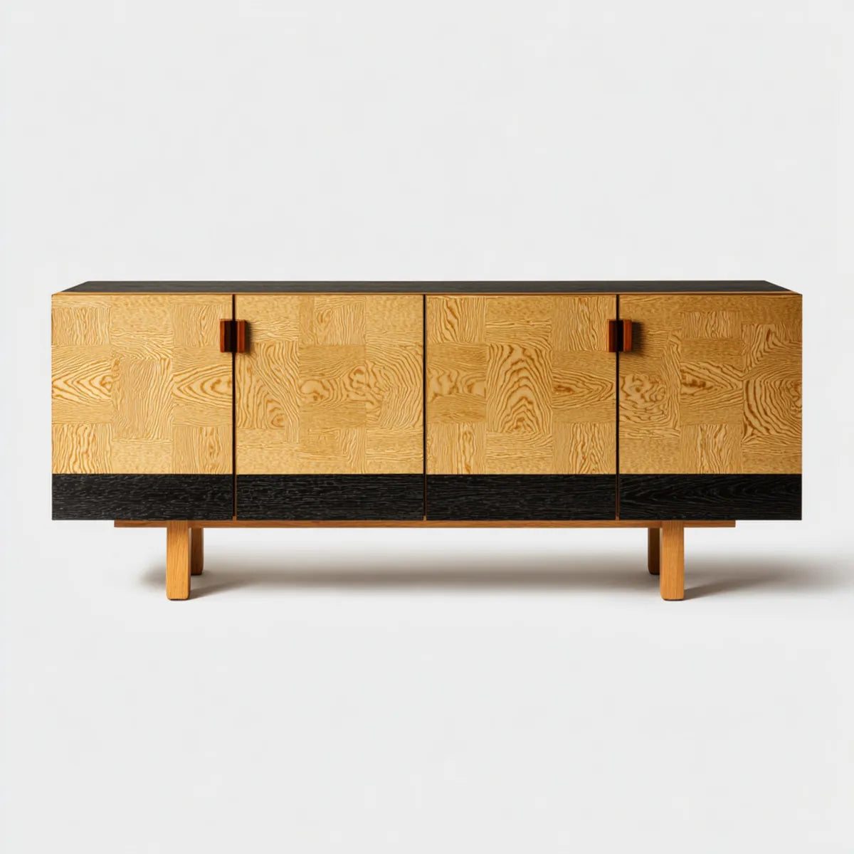 Buffet 4 portes chêne naturel et noir 180 x 45 x 80 cm en panneaux MDF plaqués chêne rectangulaire