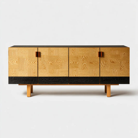 Buffet 4 portes chêne naturel et noir 180 x 45 x 80 cm en panneaux MDF plaqués chêne rectangulaire