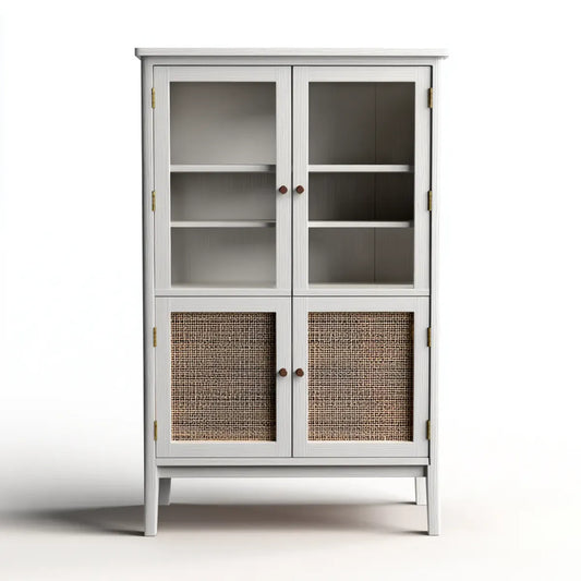 Vaisselier buffet rectangulaire blanc cassé et naturel 90 x 40 x 180 cm en MDF verre et cannage de rotin