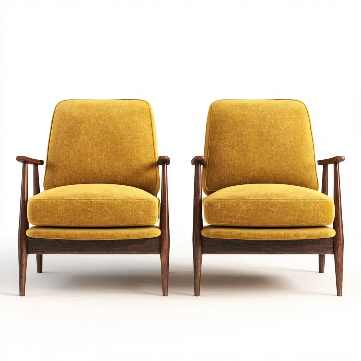 Lot de 2 fauteuils de salon moutarde en polyester effet velours et bois d'hévéa à dossier rectangulaire 68 x 76 x 88 cm