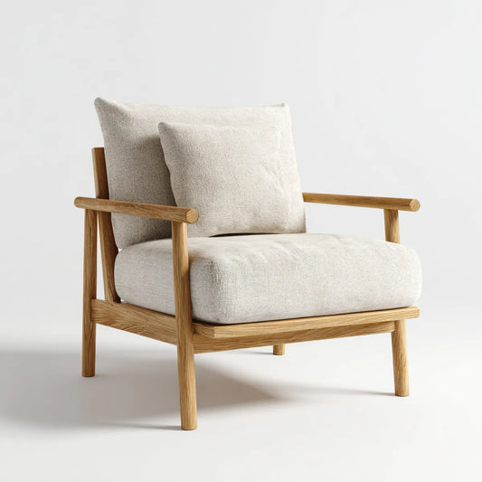 Fauteuil de salon beige en chêne massif avec coussins en polyester 75 x 82 x 84 cm