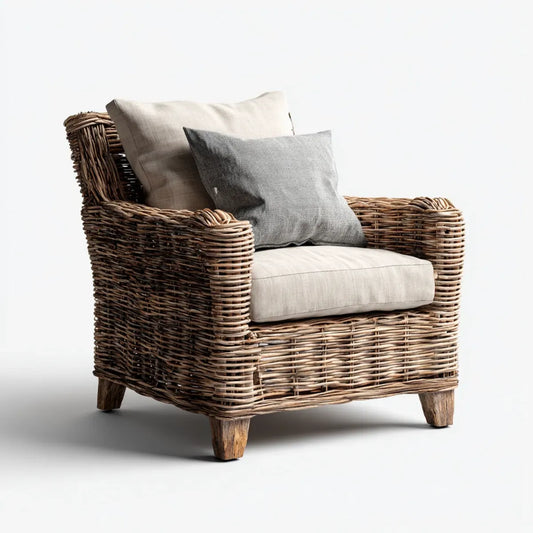 Fauteuil de salon en osier tressé marron avec coussins beige et gris dossier rectangulaire 78 x 82 x 90 cm