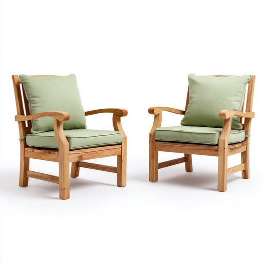 Lot de 2 fauteuils de salle à manger vert sauge en acacia massif avec coussins 65 x 75 x 85 cm
